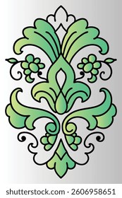 Digital drawing of a symmetrical, ornate floral pattern in a vintage style. The design features intricate.