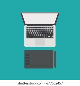 digital drawing tablet  and blank screen laptop vector illustration

