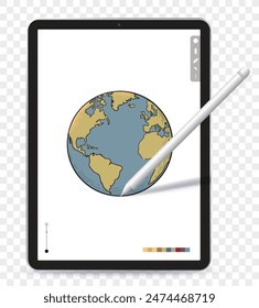 Digital Drawing with Tablet Computer and Pen. Hand drawn earth globe vector illustration on tablet pc with transparent background.