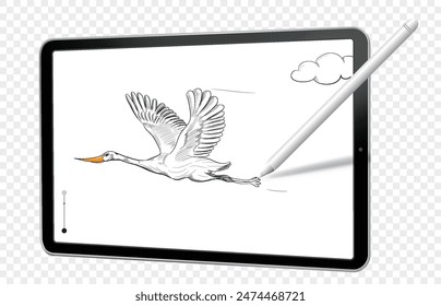 Digital Drawing with Tablet Computer and Pen. Hand drawn stork vector illustration on tablet pc with transparent background.