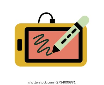 Una tableta de dibujo digital con un lápiz óptico que crea activamente un garabato en su pantalla, presentada en un estilo plano e ilustrativo.