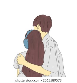 Digital drawing of two individuals embracing, with one wearing headphones. Represents love, connection, and shared moments. Stylized and simplistic in art form highlighting emotions.