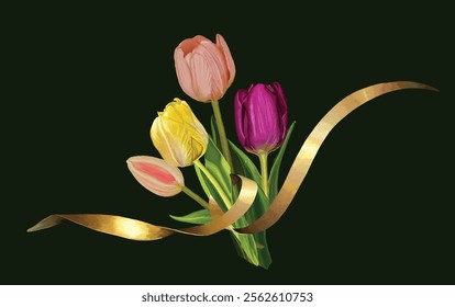 DIGITAL DRAWING VECTOR TULIP BOUQUET COVERED WITH GOLDEN RIBBON