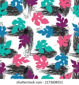 digital drawing and watercolor texture. Autumn imprint leaves pattern background. seamless pattern, colorful background.