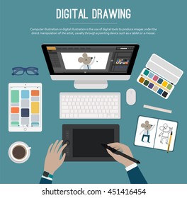 Digital drawing web banner. Illustrator workplace. Graphic designer drawing on graphic tablet. Set of drawing and painting devices in flat design. Vector illustration.