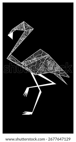 A digital drawing of a white flamingo, composed entirely of intricate, Isolated on a solid black background.