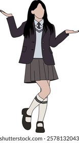 Digital drawing of a young girl in a school uniform shrugging, expressing curiosity or indecision. Features a simple, faceless design with flat colors emphasizing the subject’s attire and gesture.