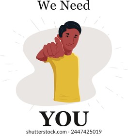 Digital drawing of a young man pointing his finger. Vector design with cartoon style