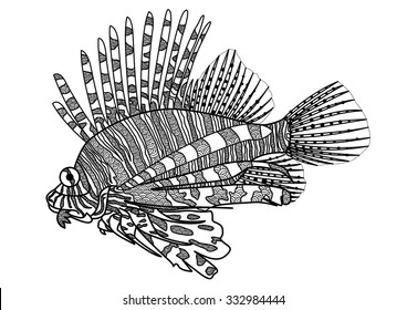 Digital drawing zentangle lion fish for coloring book,tattoo,shirt design, logo and so on