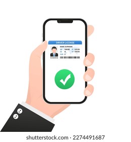 Digitaler Führerschein auf Smartphone, Logo-Design auf dem Bildschirm. Lizenzformular online auf der Website, App, über Smartphone. Führerschein am Telefon mit einem Häkchen. Vektorgrafik