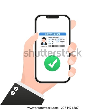 Digital driver license on smartphone, phone screen logo design. license form online on website, app, using smartphone. Driver's license on the phone with a check mark. Vector illustration