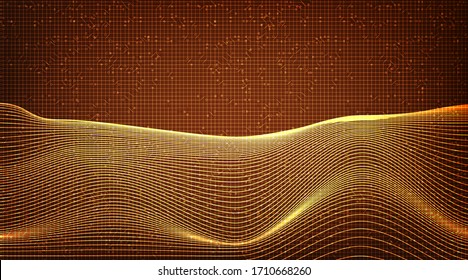 Digital Dynamic Line wave on Gold Circuit Microchip Technology Background.