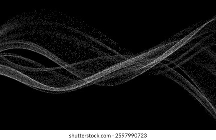 Digital dynamic wave from particles. Abstract wave flow of lines from dots on black background. Visualization of big data, computer technology.