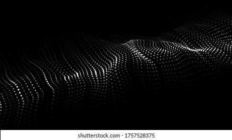 Digital dynamic wave of particles. Big data visualization. Vector abstract black futuristic background.