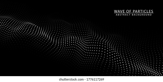 Digital dynamic wave of particles. Big data visualization. Vector abstract black futuristic background.