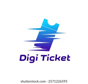 Digital e ticket icon represents innovation and modern technology with dynamic electronic ticket blue gradient emblem. Vector label for event management, ticketing services, and entertainment apps