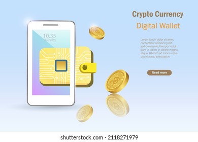 Digital E wallet, 3D bitcoin crypto currency with microchips on smartphone. Crypto digital money in electronic wallet account. Bitcoin investment, defi decentralized finance concept. 