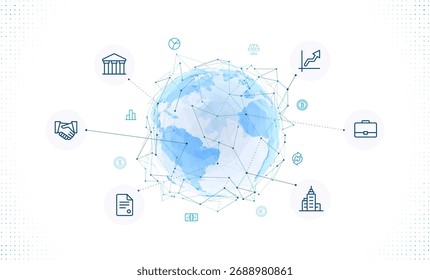 Globo Terra digital feito de polígonos com ícones de negócios e finanças. Conceito de comércio global, comunicação corporativa e desenvolvimento do mercado mundial usando tecnologia moderna e conectividade de dados.