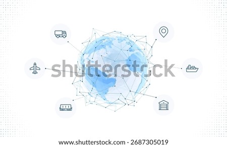 Digital earth globe made of polygons with logistics and transportation icons around. Concept of global trade, delivery, and supply chain management using modern technology and data connectivity.