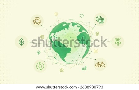 Digital earth globe made of polygons with ecology, renewable energy icons. Concept of sustainable development, green planet, and environmental protection, modern technology and global connectivity.