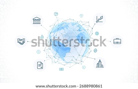 Digital earth globe made of polygons with business and finance icons. Concept of global trade, corporate communication, and worldwide market development using modern technology and data connectivity.