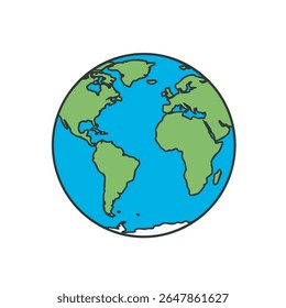 Globo Terra Digital mostrando continentes e oceanos com terra verde e água azul sobre um fundo branco. Uma representação simplificada e colorida do planeta