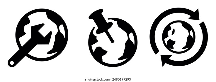 DIGITAL EARTH ICONS,solid black and line icons vector symbols used for web,design,banner,poster etc.