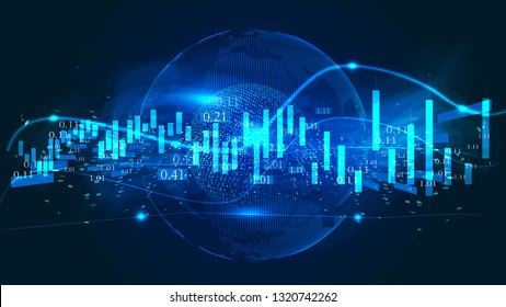 Digital earth and K lines build the vector background of financial curve chart