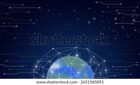 Digital Earth network with glowing connections, starry night sky, futuristic technology concept for global communication, internet, data exchange, and sustainability innovation.