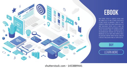 Digital ebook concept banner. Isometric illustration of digital ebook vector concept banner for web design