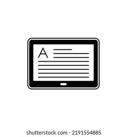 icono del lector de ebook digital en glifo plano negro, estilo relleno aislado en fondo blanco
