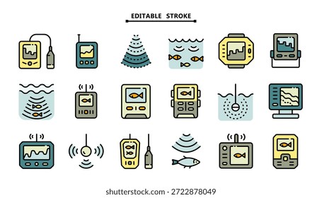 Digital echo sounder vector icons. Editable stroke. Set includes device, screen, wave, fish, depth finder. Fish finder flat symbols. Isolated on white.
