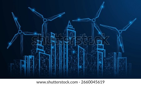 The digital eco-city of the future. Wind turbines tower over the city and high-rise buildings symbolize the technological development and digitalization of urban infrastructure. Polygonal design.