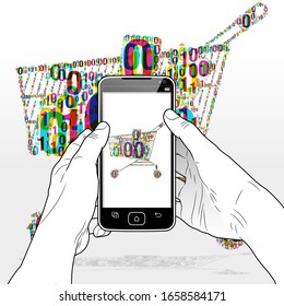 A digital e-commerce shopping experience via a Smart Phone software app. An overlapping binary code (zeros and ones) pattern is grouped together to form a Shopping cart icon.