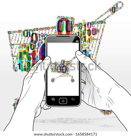 A digital e-commerce shopping experience via a Smart Phone software app. An overlapping binary code (zeros and ones) pattern is grouped together to form a Shopping cart icon.