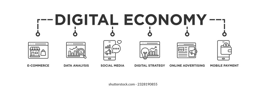 Digital economy banner web icon vector illustration concept with icon of e commerce, data analysis, social media, digital strategy, online advertising, mobile payment