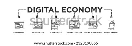 Digital economy banner web icon vector illustration concept with icon of e commerce, data analysis, social media, digital strategy, online advertising, mobile payment