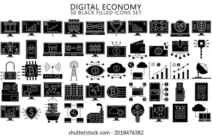 Digital Economy black filled icons set, contain such as computer, crypto currency, diagram, finance symbol, Used for modern concepts, web, UI or UX kit and applications. ready convert to SVG svg