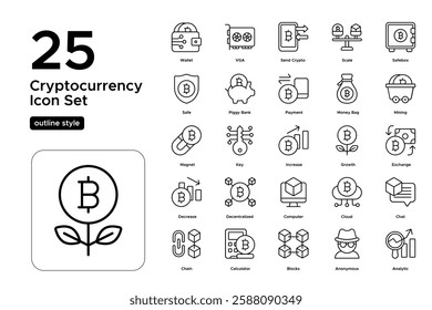 Digital Economy and Blockchain. Secure Transactions, Cryptocurrency, and Fintech Icons. Vector Illustration. Outline icon set