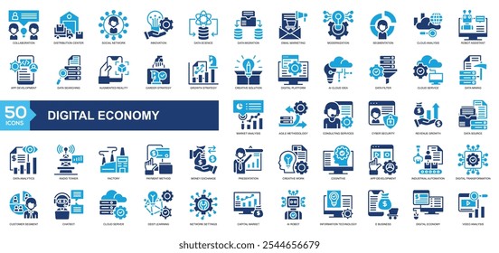 Colección de iconos de la economía digital con colaboración, centro de distribución, red social, innovación, ciencia de datos, migración de datos,