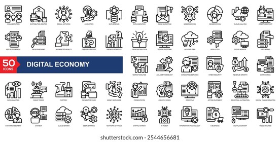 Coleção de ícones da economia digital com colaboração, centro de distribuição, rede social, inovação, ciência de dados, migração de dados