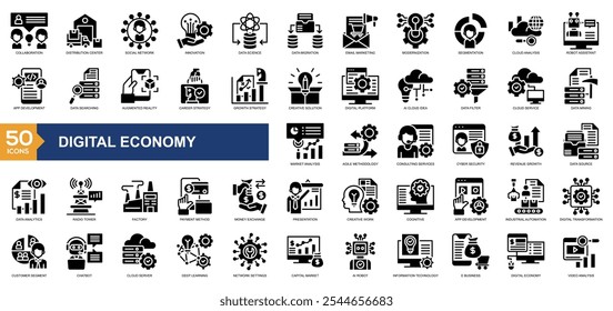 Colección de iconos de la economía digital con colaboración, centro de distribución, red social, innovación, ciencia de datos, migración de datos,