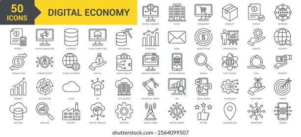 Digital Economy icon collection set. Containing product, invoice, network, big data, transaction, growth, budget, digital marketing, database, digital banking, payment icon. Simple line vector