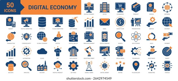 Digital Economy icon collection set. Containing ecommerce, global economy, network, big data, transaction, fintech, IoT, digital marketing, database, digital banking, payment icon. Simple flat vector