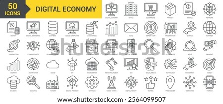 Digital Economy icon collection set. Containing product, invoice, network, big data, transaction, growth, budget, digital marketing, database, digital banking, payment icon. Simple line vector