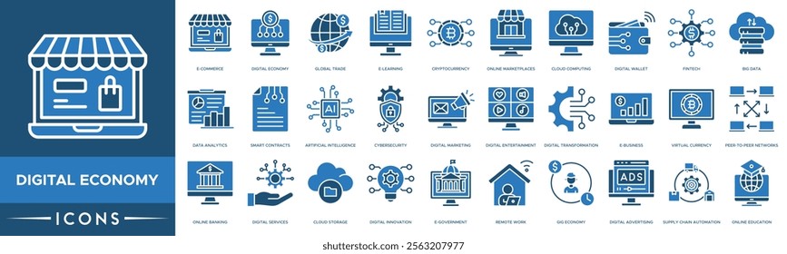 Digital Economy icon. E-commerce, Digital Economy, Global Trade, E-learning and Cryptocurrency