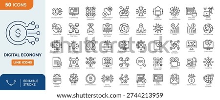 Digital Economy icon set. Containing Ecommerce, Fintech, Cryptocurrency, Sharing Economy, AI, Blockchain, Economic activities, and more. Outline icons collection. Editable stroke. Vector illustration