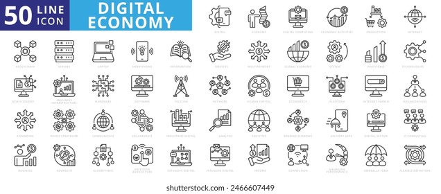 Digital Economy icon set with online payment, economic activities, production, internet, blockchain, multipayment and expanding.