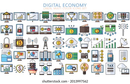 Digital Economy lineal multi-color icons set, contain such as computer, crypto currency, diagram, finance symbol, Used for modern concepts, web, UI or UX kit and applications. ready convert to SVG svg