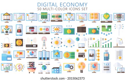 Digital Economy multi-color icons set, contain such as computer, crypto currency, diagram, finance symbol, Used for modern concepts, web, UI or UX kit and applications. EPS 10 ready convert to SVG svg